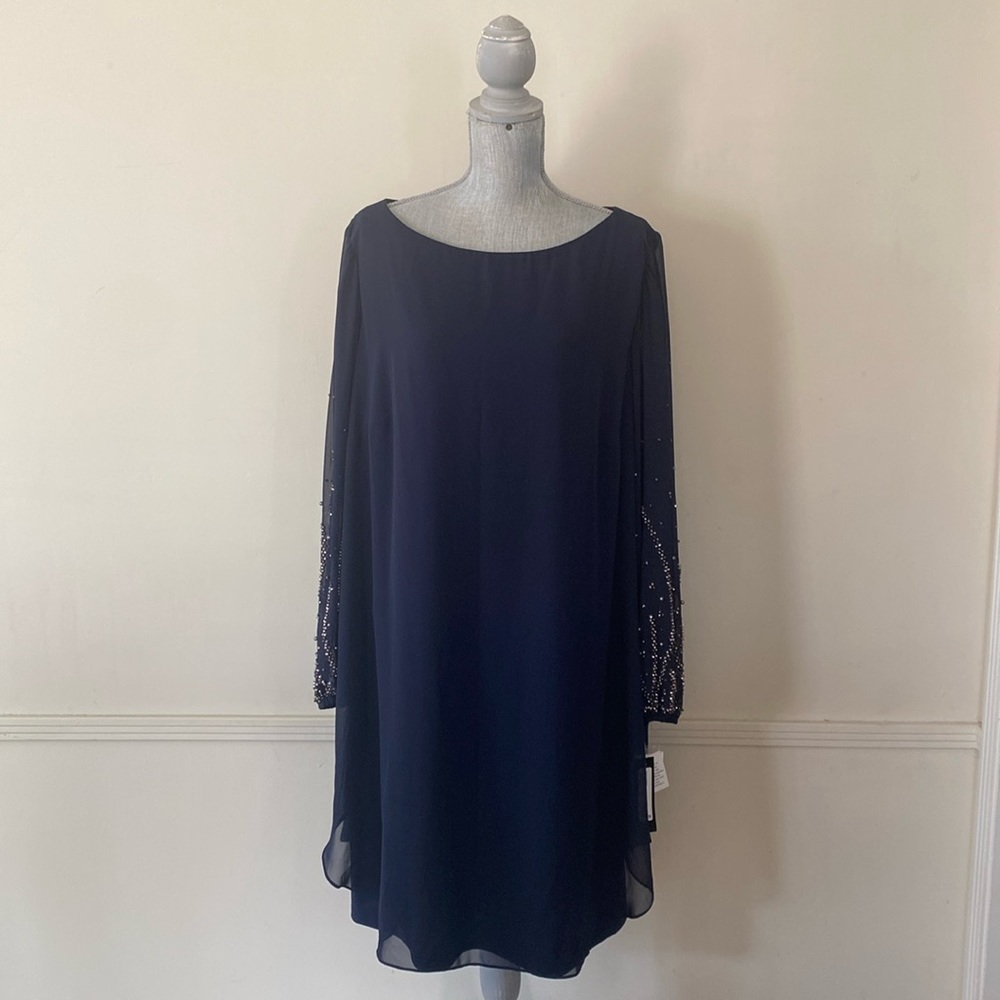 Xscape Navy Beaded Long Sleeve Chiffon Wedding Guest Dress